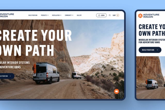 Adventure Wagon homepage featuring modular interior systems for adventure vans, with a scenic road and vans in a natural landscape, emphasizing the theme "Create Your Own Path."